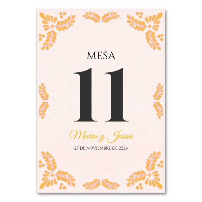 Talavera Yellow Floral Minimalist Spanish Wedding Tischnummer (Vorderseite)