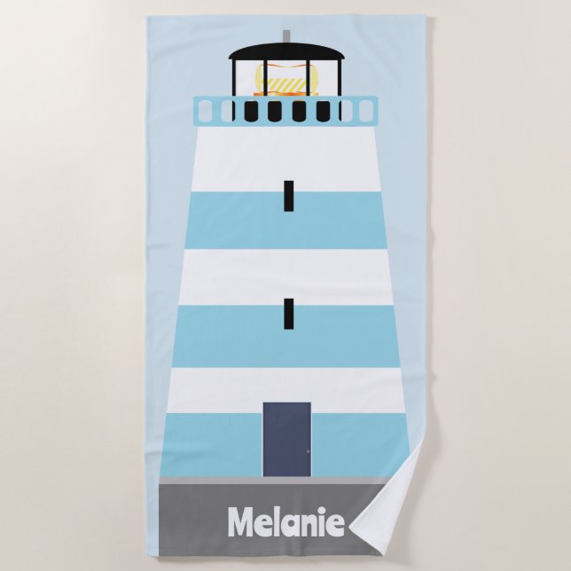 Tall Blue und White Lighthouse Personalisiert Strandtuch (Vorderseite)