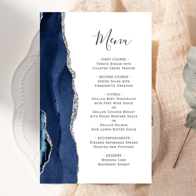 Tall Budget Agate Navy Blue Silver Wedding Menü (Von Creator hochgeladen)