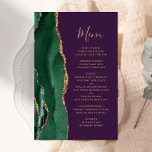 Tall Budget Emerald Green Gold Agate Plum Wedding<br><div class="desc">Die links Kulisse dieses eleganten,  modernen Hochzeitsmenüs besticht durch einen smaragdgrünen Aquarellstreifen mit vergoldetem Imitat-Glitzer. Der anpassbare Text verbindet skurrile,  goldfarbene Handschrift-Skripte mit Copperplate-Schriftart auf einem lila Hintergrund. Die Rückseite ist mit einem smaragdgrünen und goldgelben Dekor ausgestattet.</div>