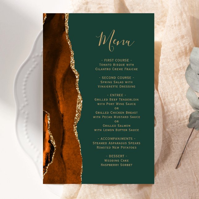 Tall Budget Rust Gold Agate Green Wedding Menü (Von Creator hochgeladen)