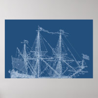Tall Sailing Ship Blueprint Sail Boat Masts Poster
