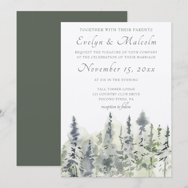 Tall Timber Watercolor Evergreen Trees Wedding Einladung (Vorne/Hinten)