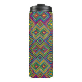 Tall travel mug with a vibrant geometric pattern thermosbecher