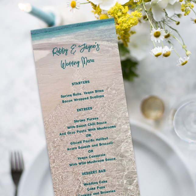 Tall Wedding Menu Tropical Beach Scene Template Ankündigung (Von Creator hochgeladen)