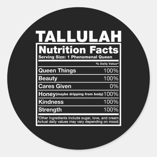 Tallulah Nutrition Facts Tallulah Name Runder Aufkleber (Vorderseite)