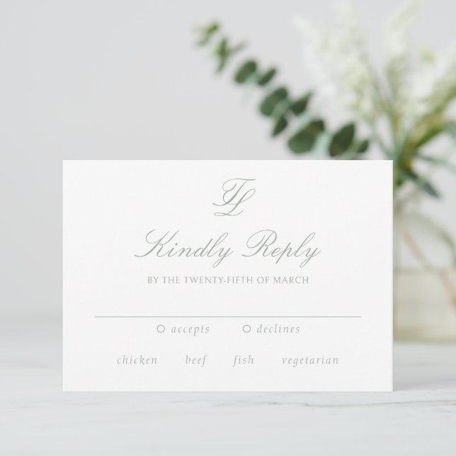 Talula Sage Green Elegant Wedding RSVP Karte (Stehend Vorderseite)
