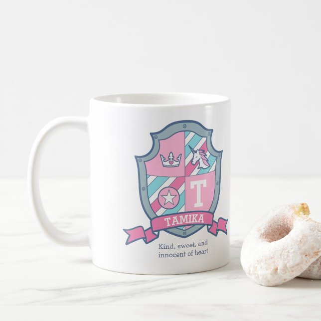Tamika Prinzessin Wappen pink aqua blue name Kaffeetasse (Mit Donut)