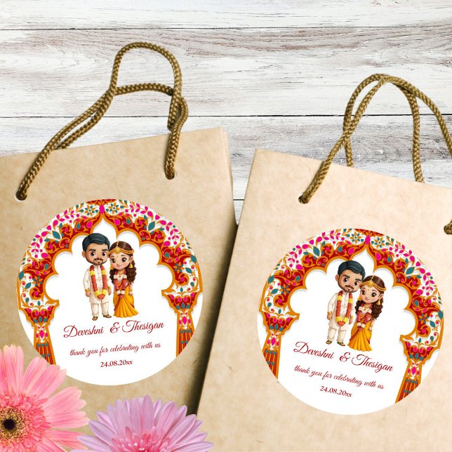 Tamil Süd-Indische Hochzeit niedliche Karikatur Ge Runder Aufkleber (Tamil South Indian wedding cute caricature bridal couple thank you favor Sticker)