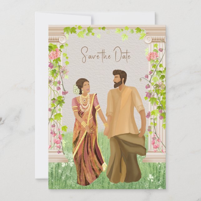 Tamil Wedding Couple Illustration Save the Date (Vorderseite)