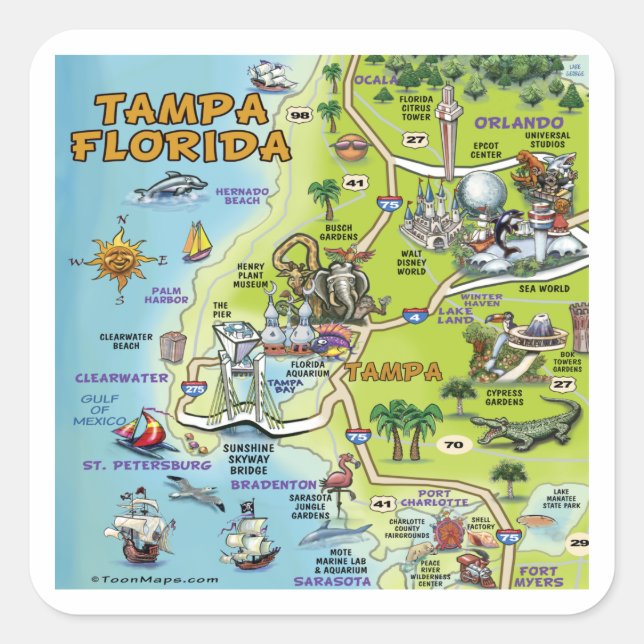 Tampa Florida Cartoon Karte Quadratischer Aufkleber (Vorderseite)