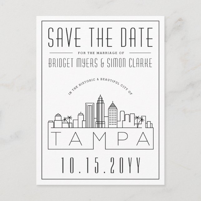 Tampa Wedding | Stilisierte Skyline Save the Date Postkarte (Vorderseite)
