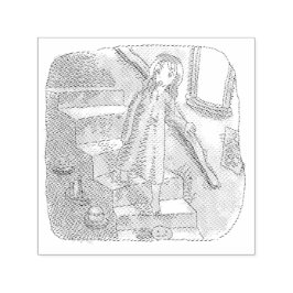 TAMPON AUTO-ENCREUR  さなさにじ  薄暗い水色の下り階段を手すりを持ってゆっくり歩いているワンピースの女性のイラスト