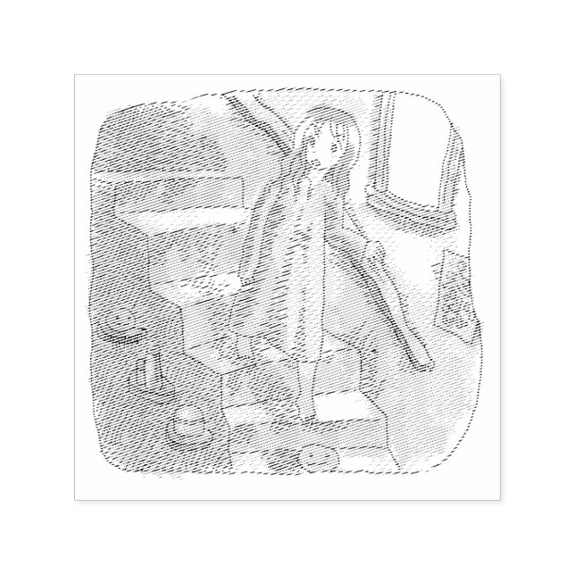 TAMPON AUTO-ENCREUR  さなさにじ  薄暗い水色の下り階段を手すりを持ってゆっくり歩いているワンピースの女性のイラスト (Design)