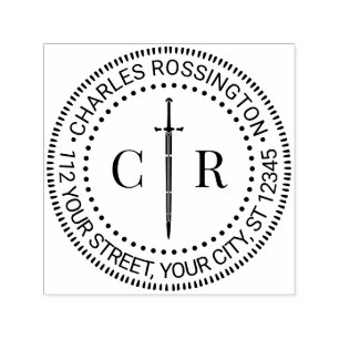 Tampon Auto-encreur 2 Épée Monogramme Initiale #1 Nom Adresse de retou