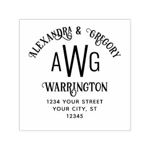 Tampon Auto-encreur 3 Monogramme initial Nom du couple Adresse de reto
