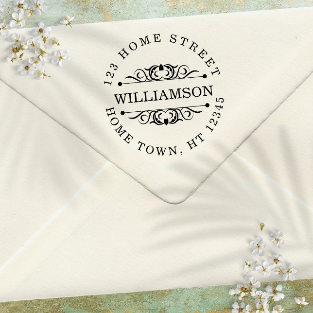 Tampon Auto-encreur Adresse de retour de la floraison circulaire tradi (Traditional Circular Flourish Return Address Self-inking Stamp)