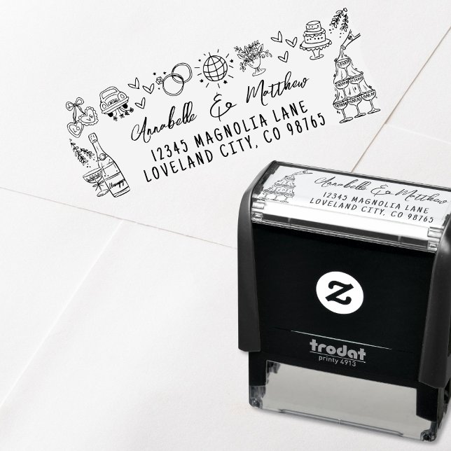 Tampon Auto-encreur Adresse de Retour de Mariage Fantaisiste Dessinée  (Hand Drawn Whimsical Wedding Return Address self-inking stamp)