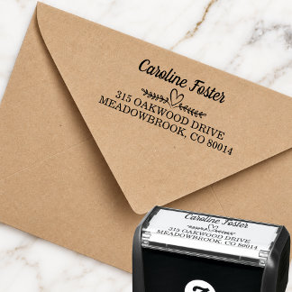 Tampon Auto-encreur Adresse de Retour Personnalisée Cœur Botanique