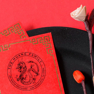 Tampon Auto-encreur Adresse de retour ronde de dragon chinois tiré pa
