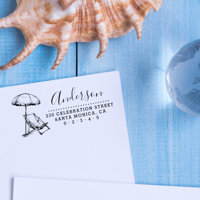 Tampon Auto-encreur Beach Chair & Umrella Script Name Adresse de retou (Créateur téléchargé)