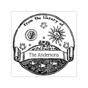 Tampon Auto-encreur Bibliothèque Livre Terre Océan Étoiles Lune Soleil