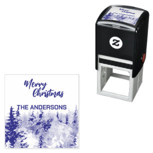 Tampon Auto-encreur Bleu Moderne Merry xmas arbres forêt pludeer
