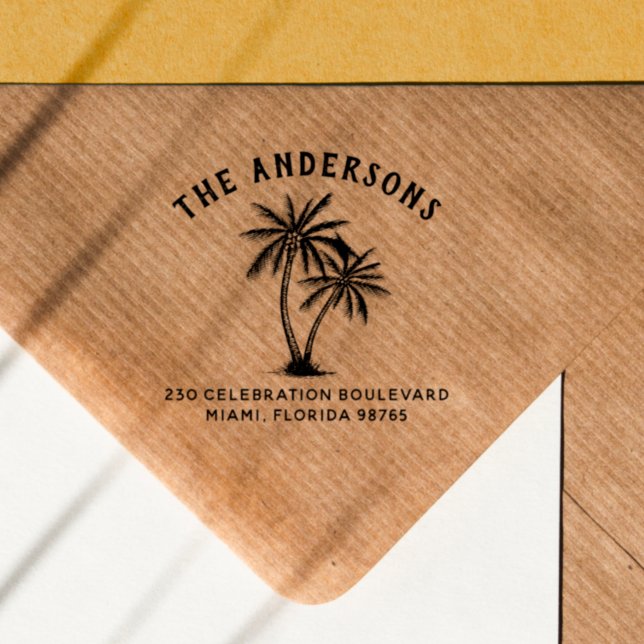 Tampon Auto-encreur Bold Nom de famille & Palm Trees Adresse de retour (Rubber Stamp Mock-up)