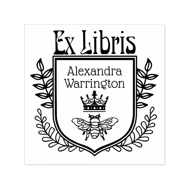 Tampon Auto-encreur Botanical Crest Bee with Crown Ex Libris Book Name (Design)
