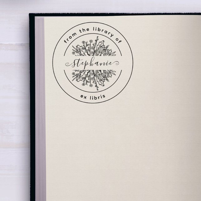 Tampon Auto-encreur Botanique Rustique | De la Bibliothèque | Livre Pe (Whimsical Handwritten Name Rustic Wildflowers Round Ex Libris From The Library Of Book Stamp)