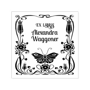 Tampon Auto-encreur Cadre papillon Art nouveau Ex Libris Bibliothèque 