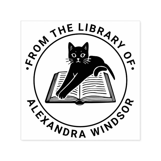 Tampon Auto-encreur Cat Lying on open Book - Library Book Name (Design)