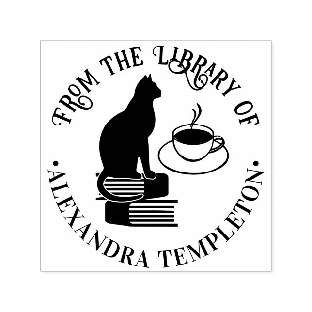 Tampon Auto-encreur Chat assis sur des livres, Bibliothèque de café No (Design)