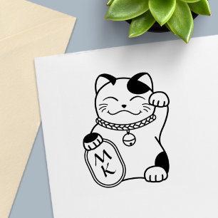 Tampon Auto-encreur Chat de la Chance Japonais Maneki Neko Monogramme