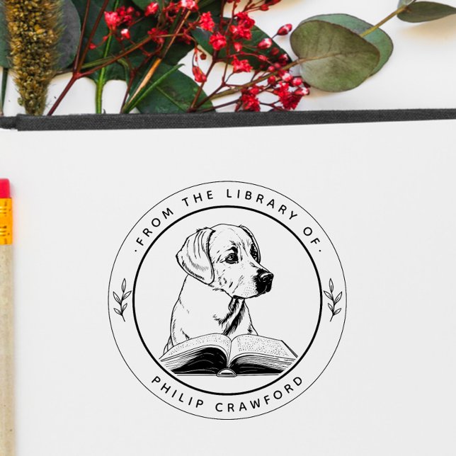 Tampon Auto-encreur Chien avec livre de la bibliothèque de (Créateur téléchargé)