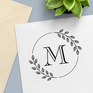 Tampon Auto-encreur Couronne de feuilles rondes monogramme initial