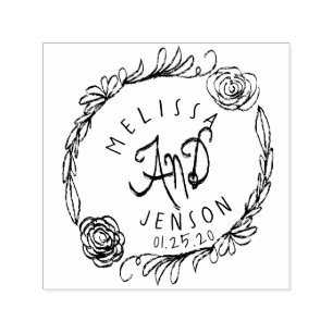 Tampon Auto-encreur Couronne de verdure de roses de logo de mariage de