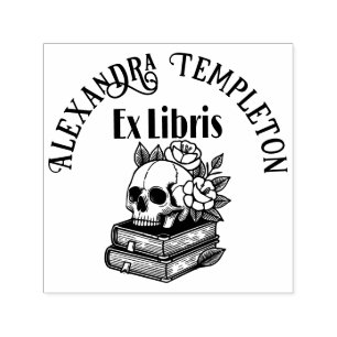 Tampon Auto-encreur Crâne avec Roses sur livres #4PS avec ex Libris No
