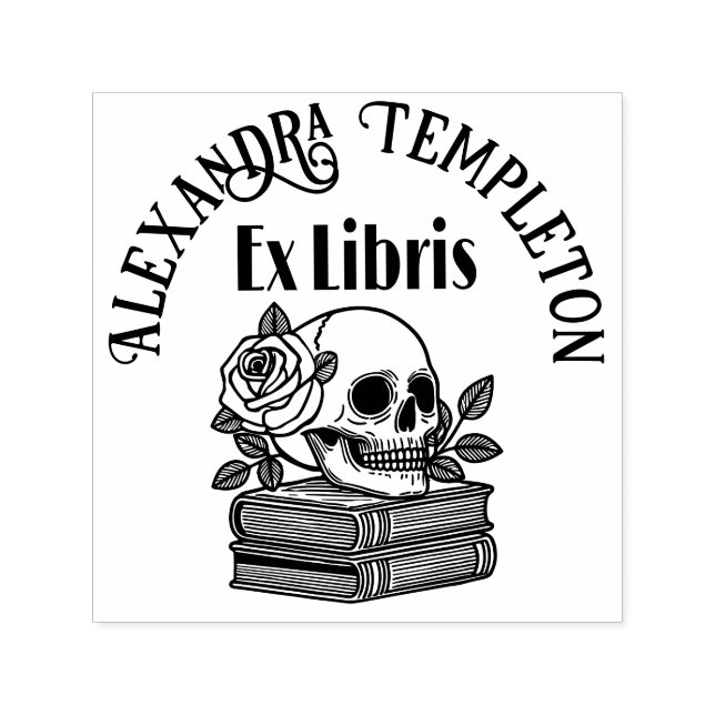 Tampon Auto-encreur Crâne avec Roses sur livres #5PS avec ex Libris No (Design)
