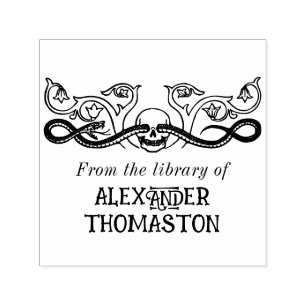 Tampon Auto-encreur Crâne, Snake Botanical Library Nom du livre