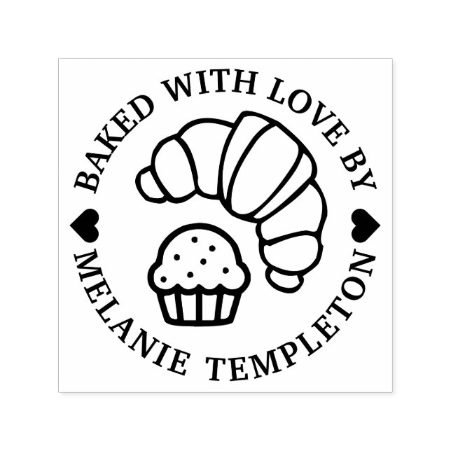 Tampon Auto-encreur Croissant Muffin Round "Baked With love by" Nom (Design)