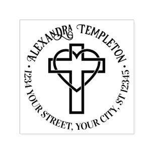 Tampon Auto-encreur Croix avec Coeur enmêlé Nom de retour Adresse Rnd