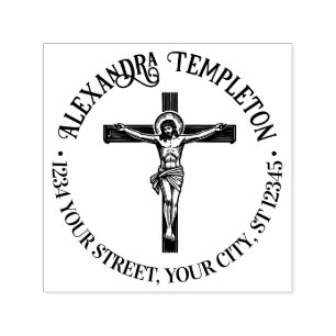 Tampon Auto-encreur Crucifixion Jésus sur la Croix Nom Adresse de Reto