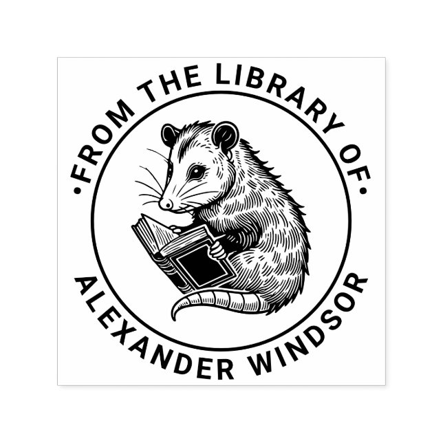 Tampon Auto-encreur Cute Opossum Reading Book Library Book Name (Design)