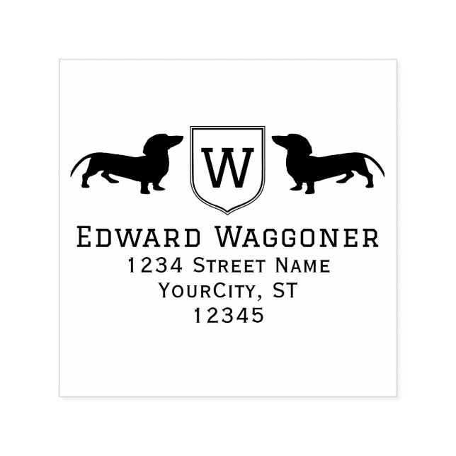 Tampon Auto-encreur Dachshund Dogs Initial Crest Nom, Adresse de retou (Design)