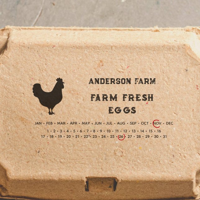 Tampon Auto-encreur Date encerclée - Oeufs Carton avec poulet (Encircled Date - Eggs Carton with Chicken Self-inking Stamp)