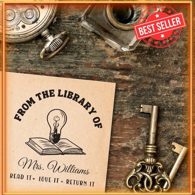 Tampon Auto-encreur De La Bibliothèque De | Ampoule légère sur livre,  (Créateur téléchargé)