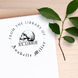 Tampon Auto-encreur De la bibliothèque du crâne gothique Script Vintag