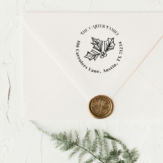 Tampon Auto-encreur Dessin à la main Holly Berry Illustration Adresse  (Christmas holly berries return address round holiday stamp.)