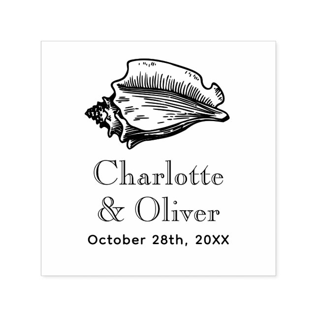 Tampon Auto-encreur Elegant Conch Seashell Couple Names Date Monogr (Design)